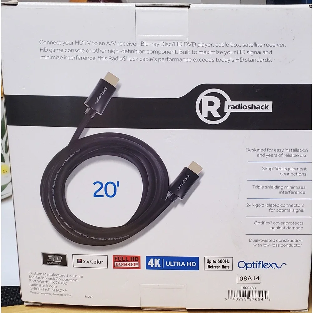 RadioShack 20ft High Speed HDMI Cable with Ethernet 4K 1080p Gold Plated 1500483